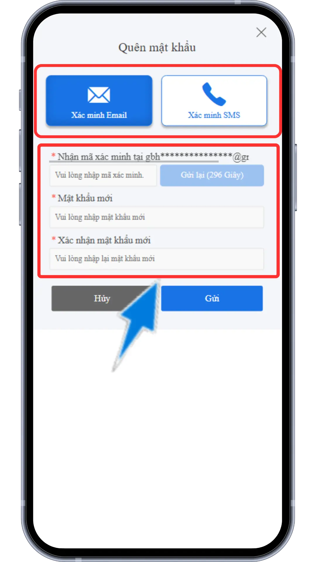Bước 3 : Chọn phương thức muốn nhận OTP từ hệ thống Email hoặc SDT  sau đó nhập mật khẩu mới.